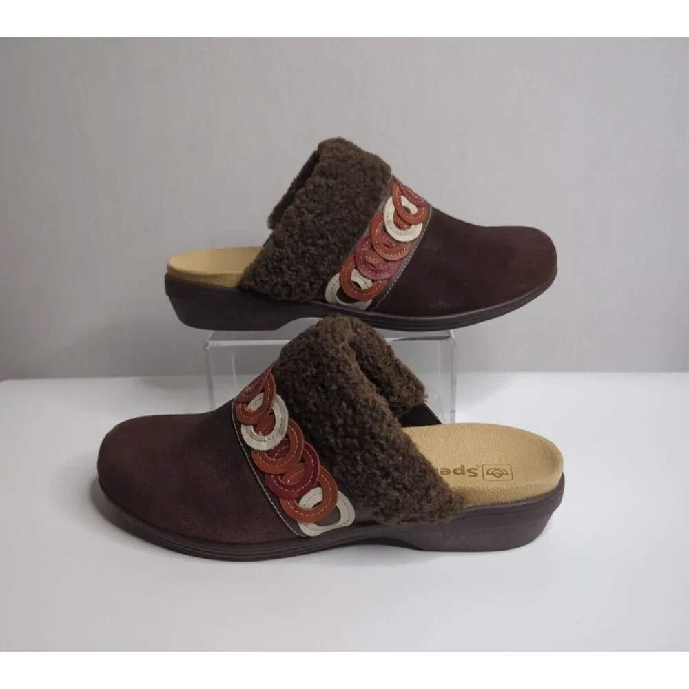 NWOT Spenco Sz 8.5 Women's Slides Clogs Wedge Heel Suede Brown Fur Lined Upper